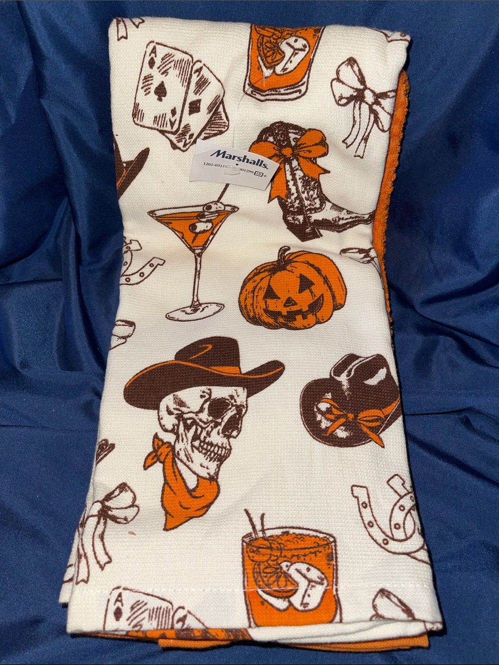 Halloween Themed Cowboy Skull & Pumpkin Kitchen Towels 3 PC - Orange & Brown